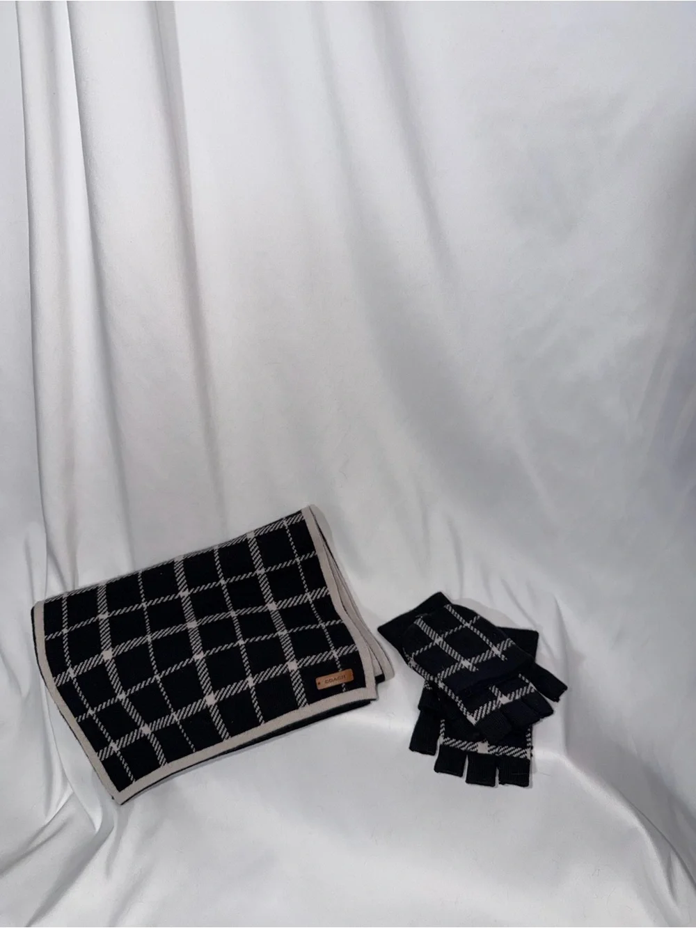 Coach| Black and Cream Tattersall Wool Scarf and Convertible Glove Set